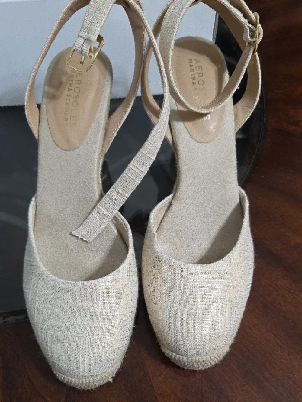 AEROSOLES Beige Espadrille Wedge Sandals with Ankle Strap